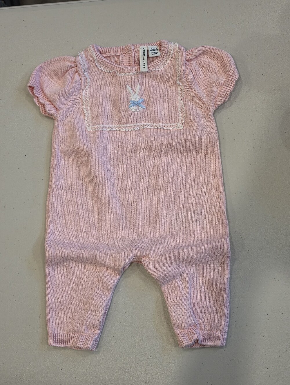 Janie & Jack Pink Knit Baby One-Piece with Bunny Embroidery